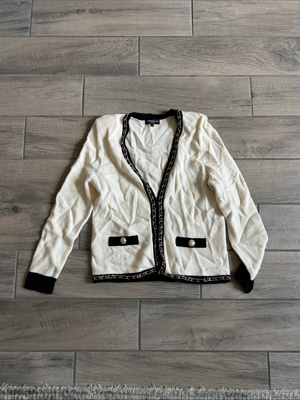 Generation Love Ivory Cardigan with Black Trim & Chain Detail